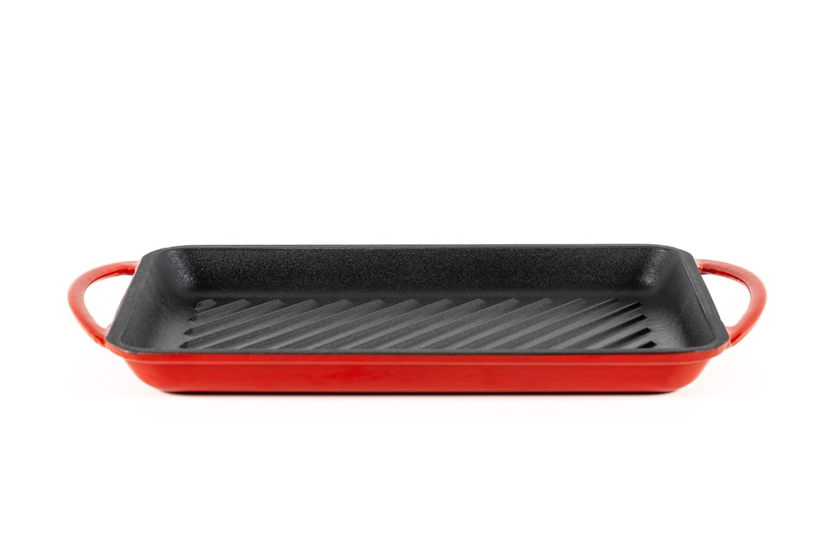 PLACĂ GRILL DREPTUNGHIULARĂ, FONTĂ EMAILATĂ, CU MÂNERE, ROȘU CHERRY, LÄTT HOME