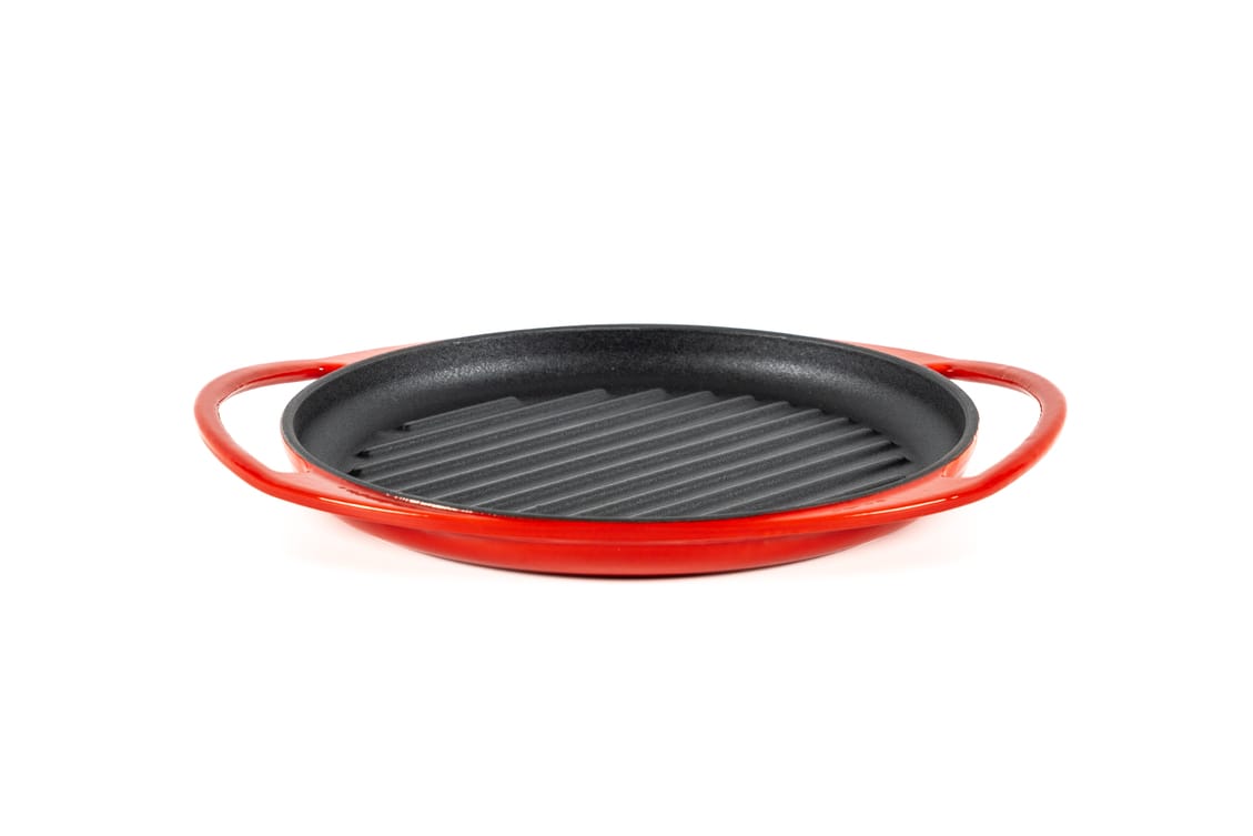 PLACĂ GRILL ROTUNDĂ, FONTĂ EMAILATĂ, CU MÂNERE, ROȘU CHERRY, LÄTT HOME